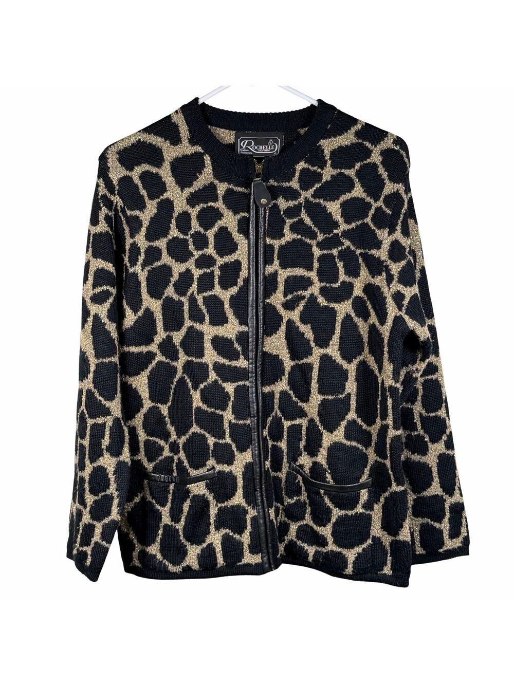 Vintage Rochelle California Cardigan Womens Medium Cheetah Print Black Gold Wool